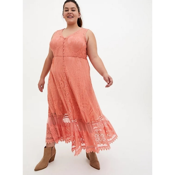 Torrid Coral Lace Button Front Maxi Skater Dress - Picture 4 of 16